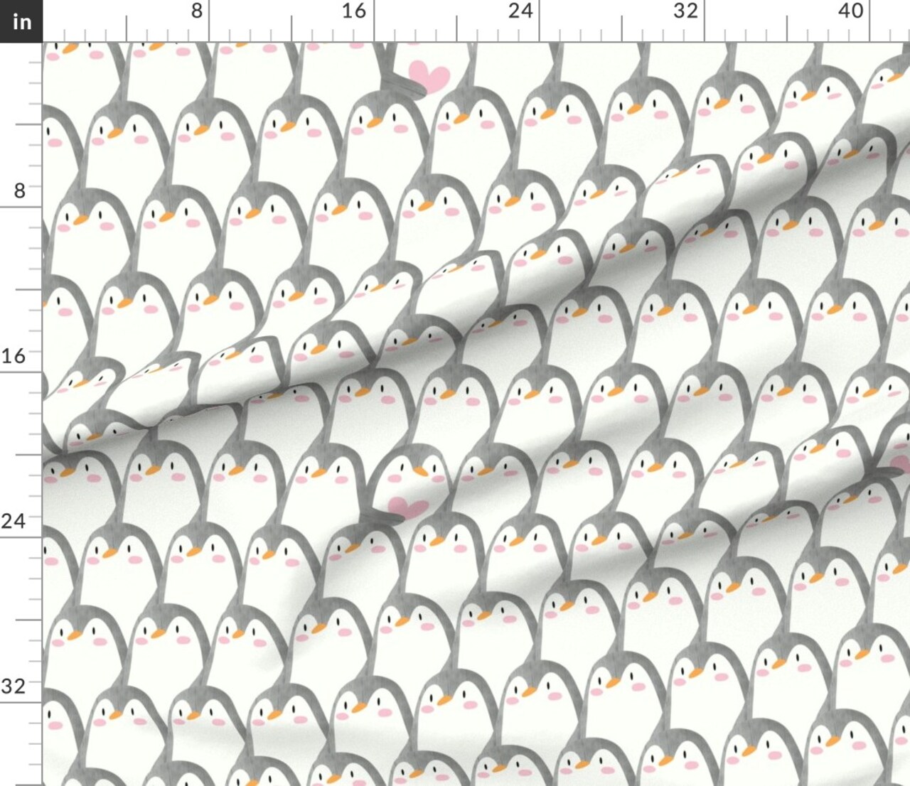 Penguin Watercolor Whimsical Cute Gray Cream Pink Heart Love Valentine Custom Printed Fabric by Spoonflower Various Fabrics by the Yard or Fat Quarter